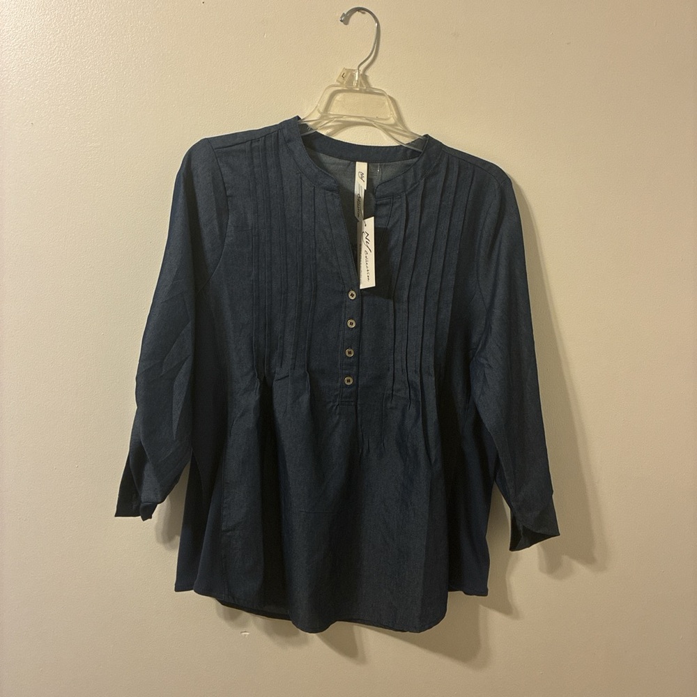 NY Collection Dark Blue Button Down Shirt